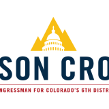 Yellow mountain peak encompassing silhouetted Capitol above "Jason Crow - Congressman for Colorado's 6th District"