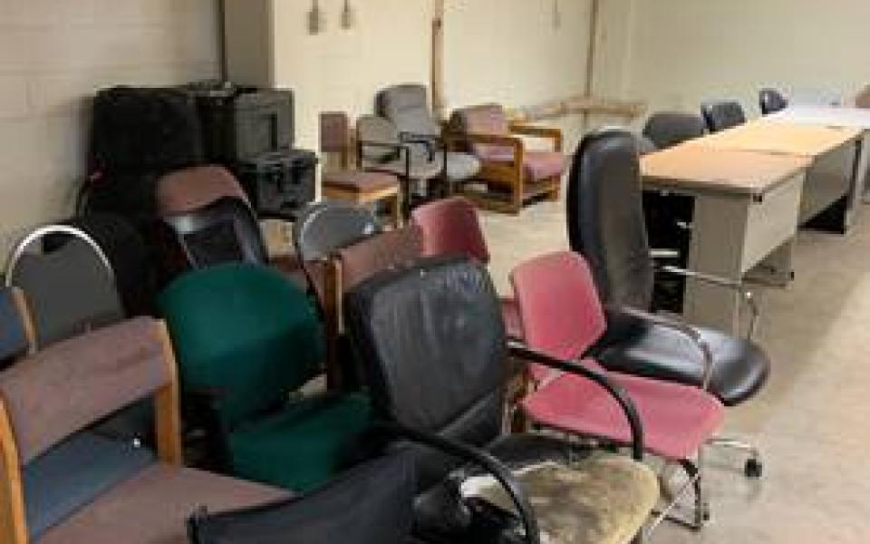 Photos taken by Rep. Jason Crow of poor conditions during post tour, including broken chairs in a classroom and occupied soldier housing