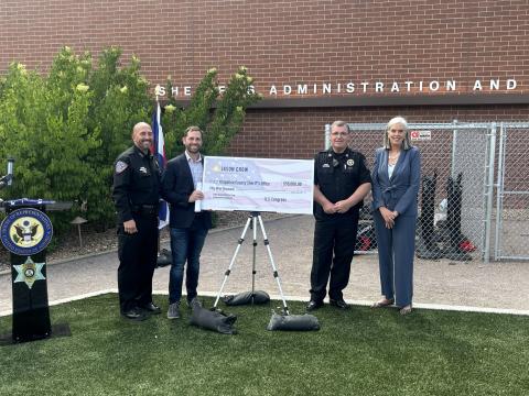 Rep. Crow with Democratic Whip Katherine Clark (MA-05), Arapahoe County Sheriff Tyler Brown, and Academy Director Capt. Kevin Heaton. 