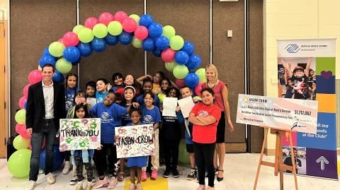 Rep. Crow with Erin Porteous, CEO of Boys and Girls Clubs of Metro Denver (BGCMD), and Laredo Elementary School BGCMD Club Members.