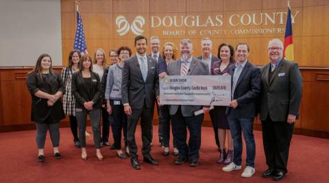  Rep. Crow with Douglas County Commissioners Abe Laydon - District 1, George Teal - District II, Lora Thomas - District III, and community partners of the Enhanced Model Services project.