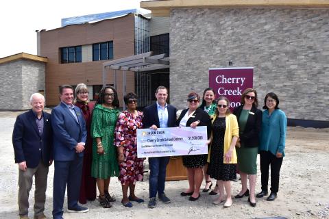 Rep. Crow with Aurora Mayor Mike Coffman, CCSD Superintendent Christoper Smith, Arapahoe County Commissioner Carrie Warren-Gully, CCSD Board Members; Angela Garland, Vice President Janice McDonald, President Kelly Bates, Kristin Allan, andAnne Egan, CU Regent Ilana Spiegel, and CU School of Medicine Mental Health In-Chief Dr. Ron-Li Liaw.